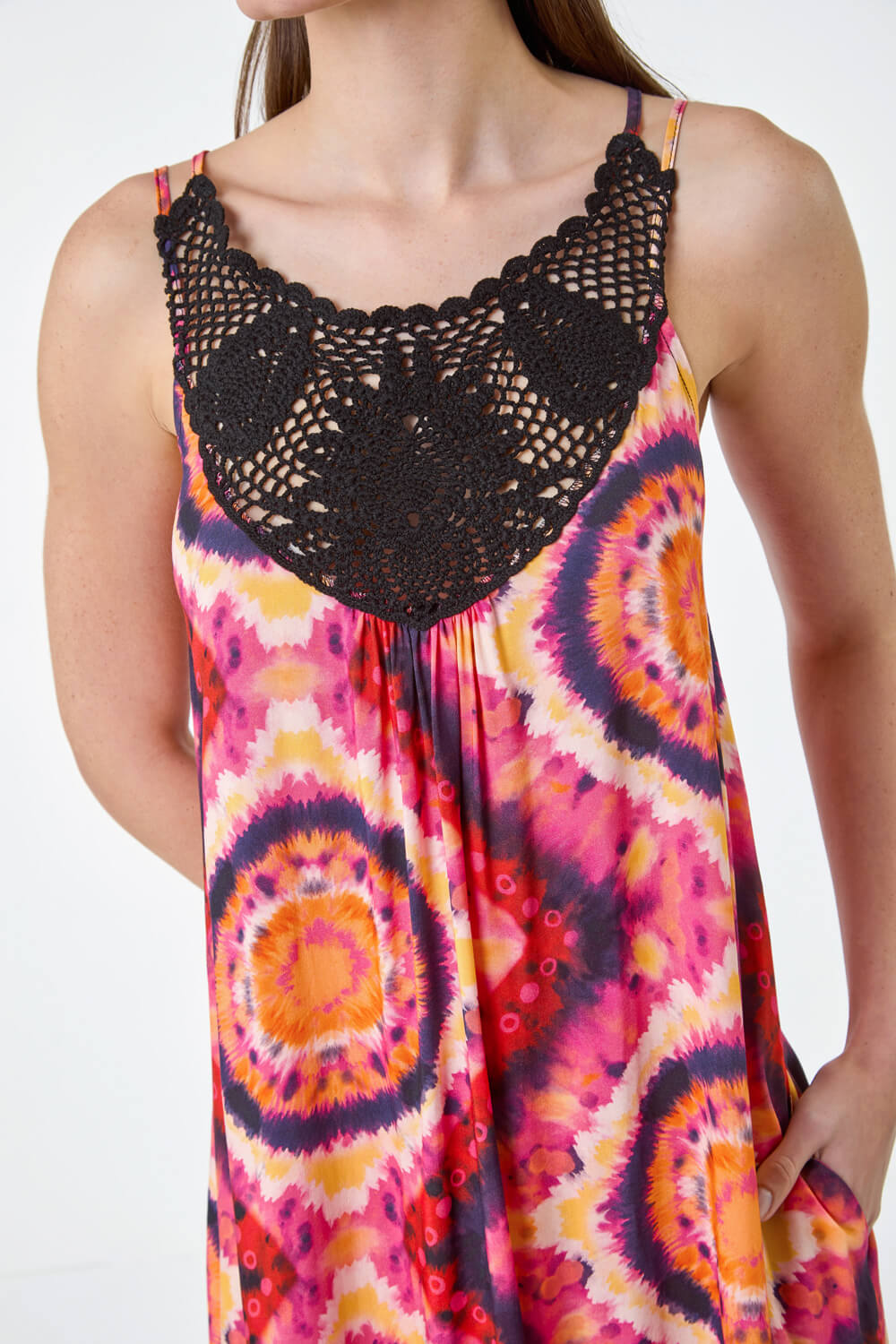 Fuchsia Tie Dye Crochet Detail Pocket Midi Dress, Image 5 of 5