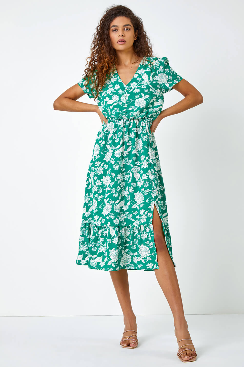 Green Floral Button Through Midi Dress | Roman UK