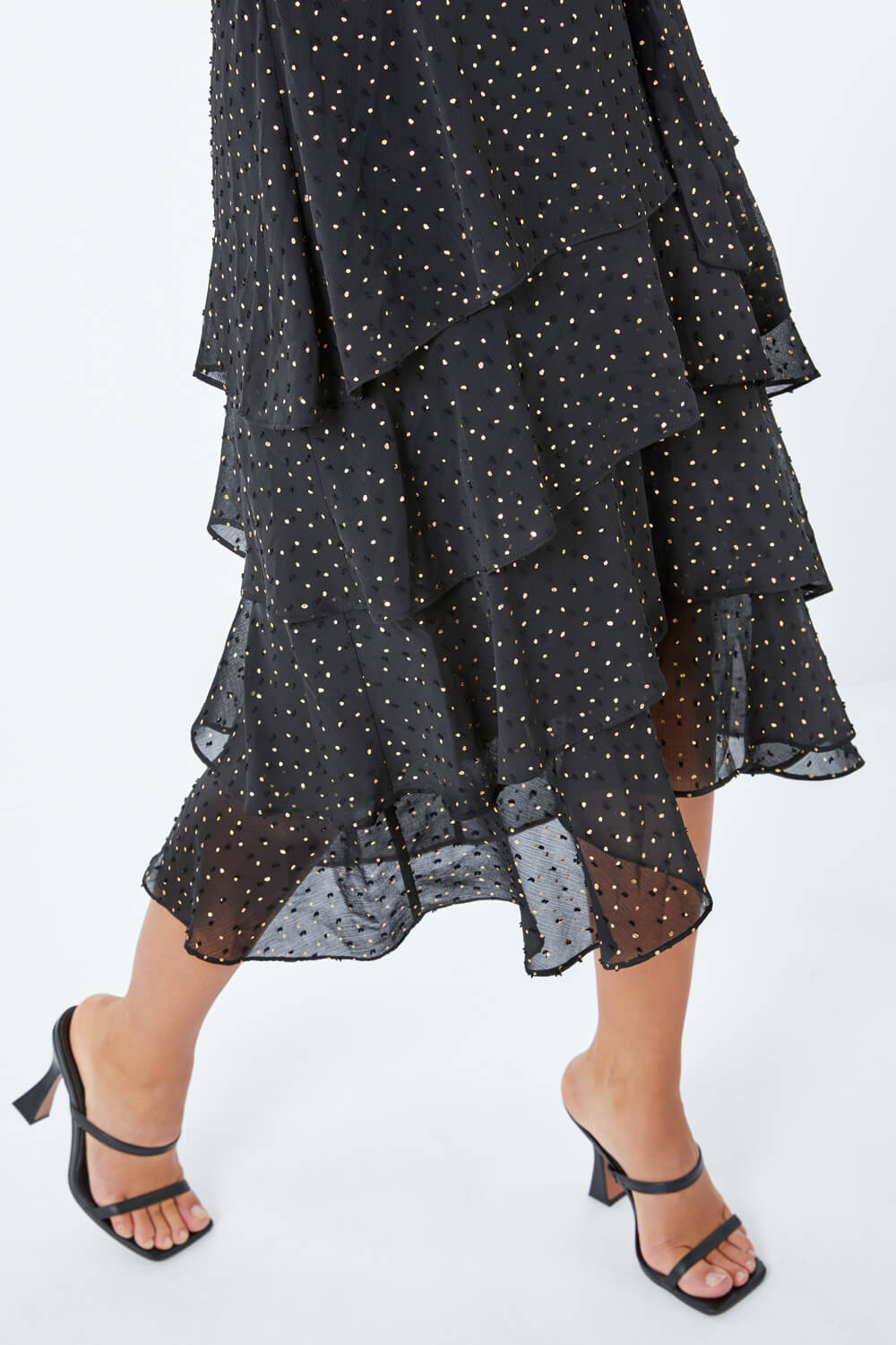 Black Petite Spot Print Tiered Frill Midi Dress, Image 5 of 5