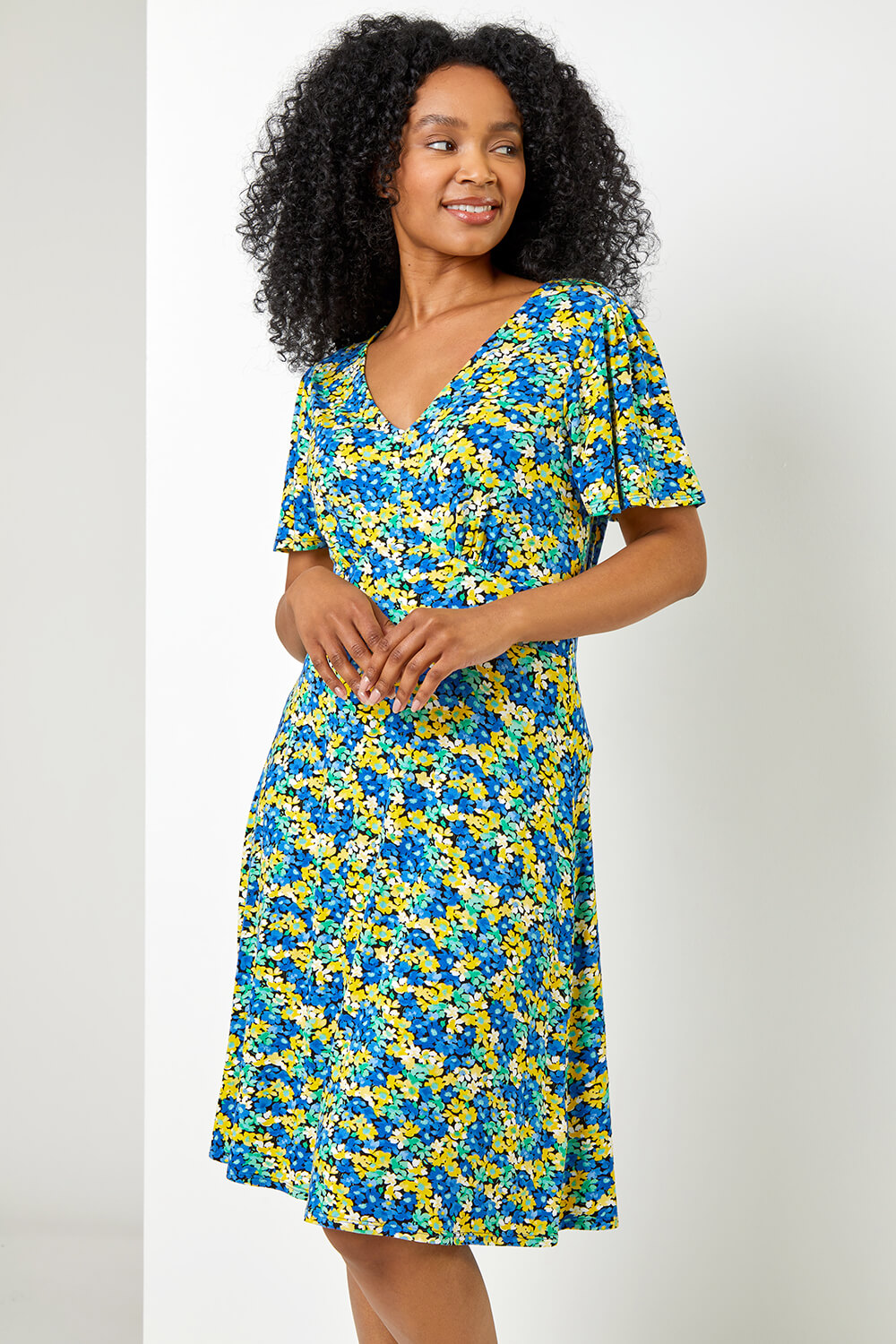 Petite Floral Print Stretch Jersey Dress in Blue - Roman Originals UK