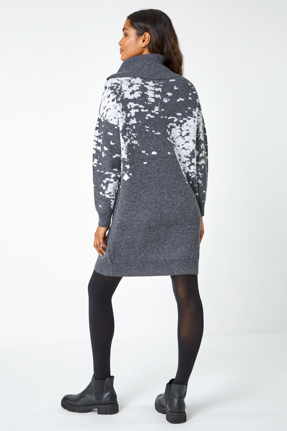 Dark Grey Abstract Print Cowl Neck Jumper Dress, Image 4 of 5