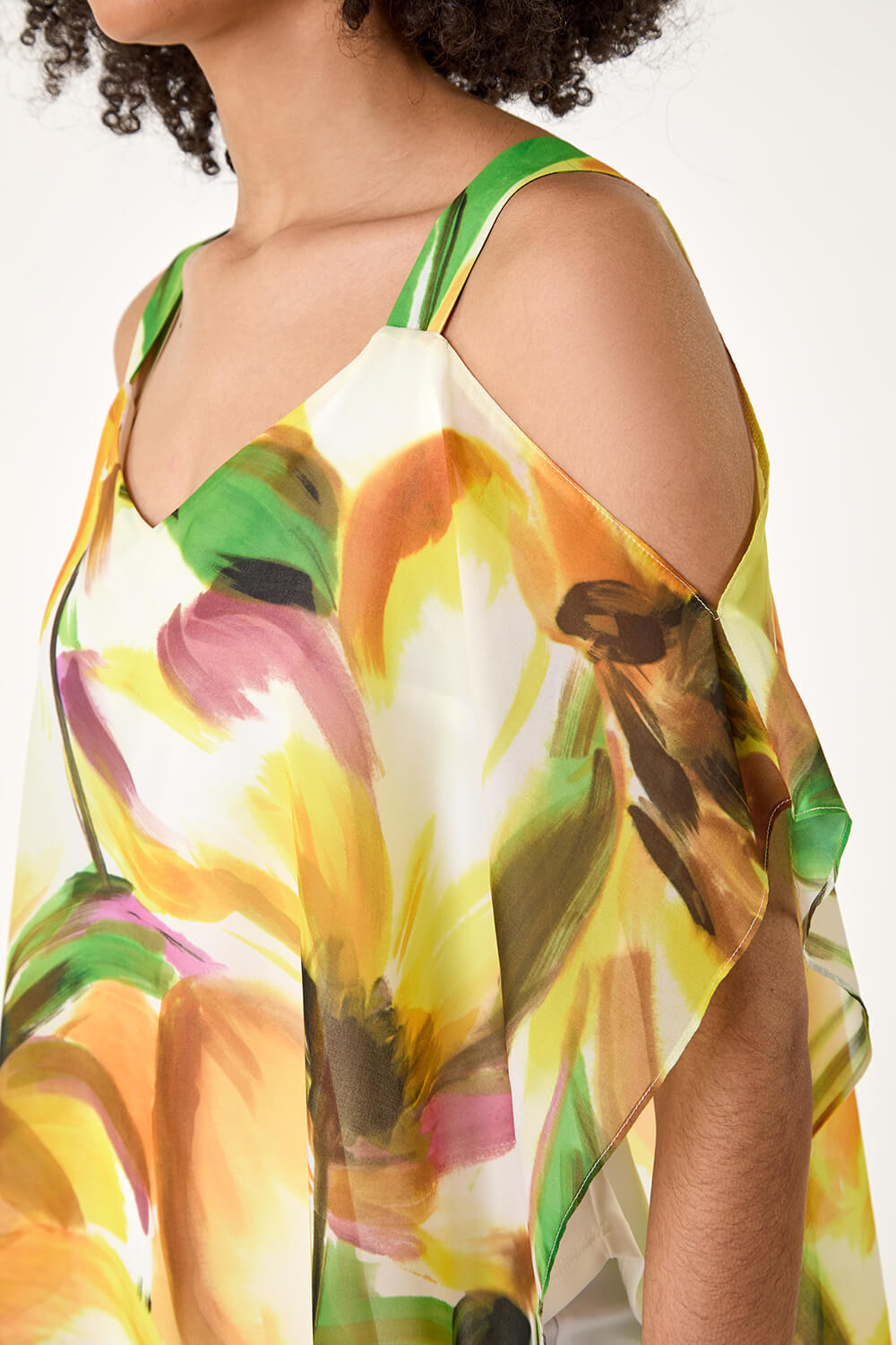Yellow Abstract Print Cold Shoulder Overlay Top, Image 5 of 5