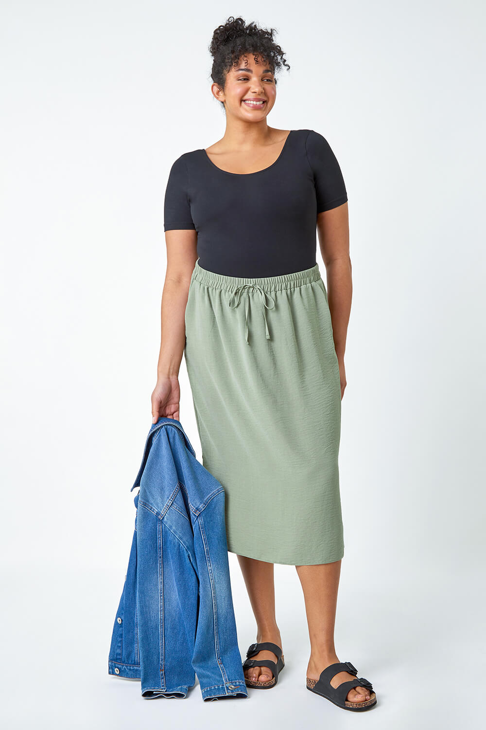 KHAKI Curve Linen Look Midi Skirt, Image 2 of 5