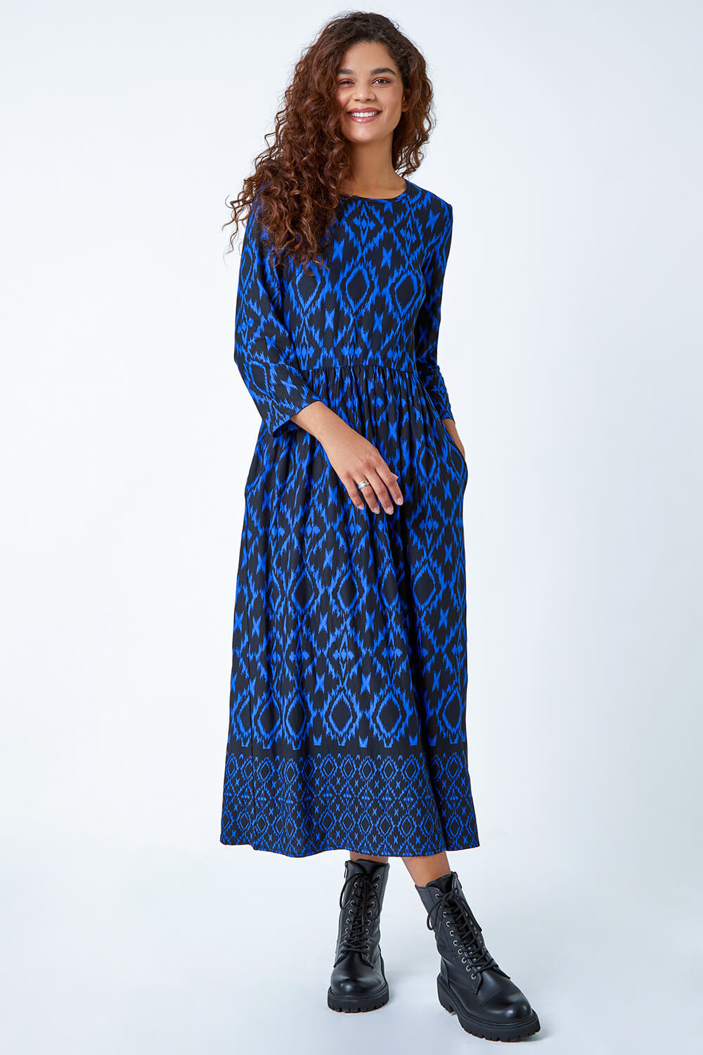 Royal Blue Aztec Border Print Stretch Midi Dress, Image 2 of 5