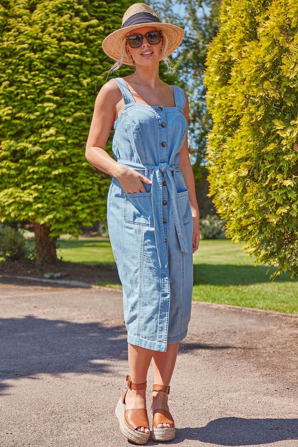 Denim Button Through Midi Dress in Blue - Roman Originals UK