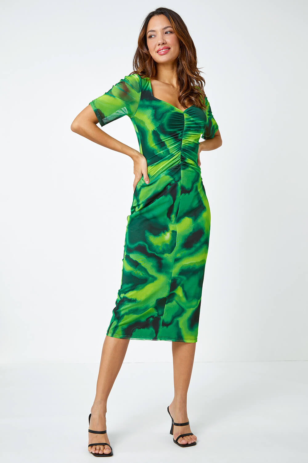 Green Marble Print Stretch Mesh Ruched Dress, Image 2 of 5