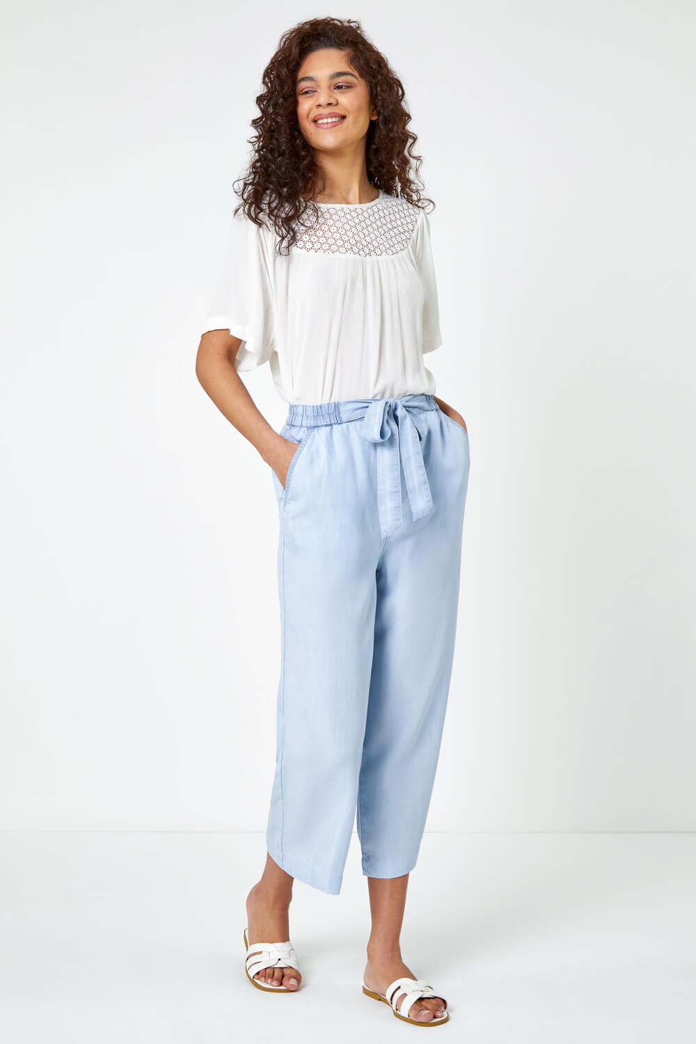 Light Blue  Tie Detail Stretch Waist Culottes, Image 2 of 5
