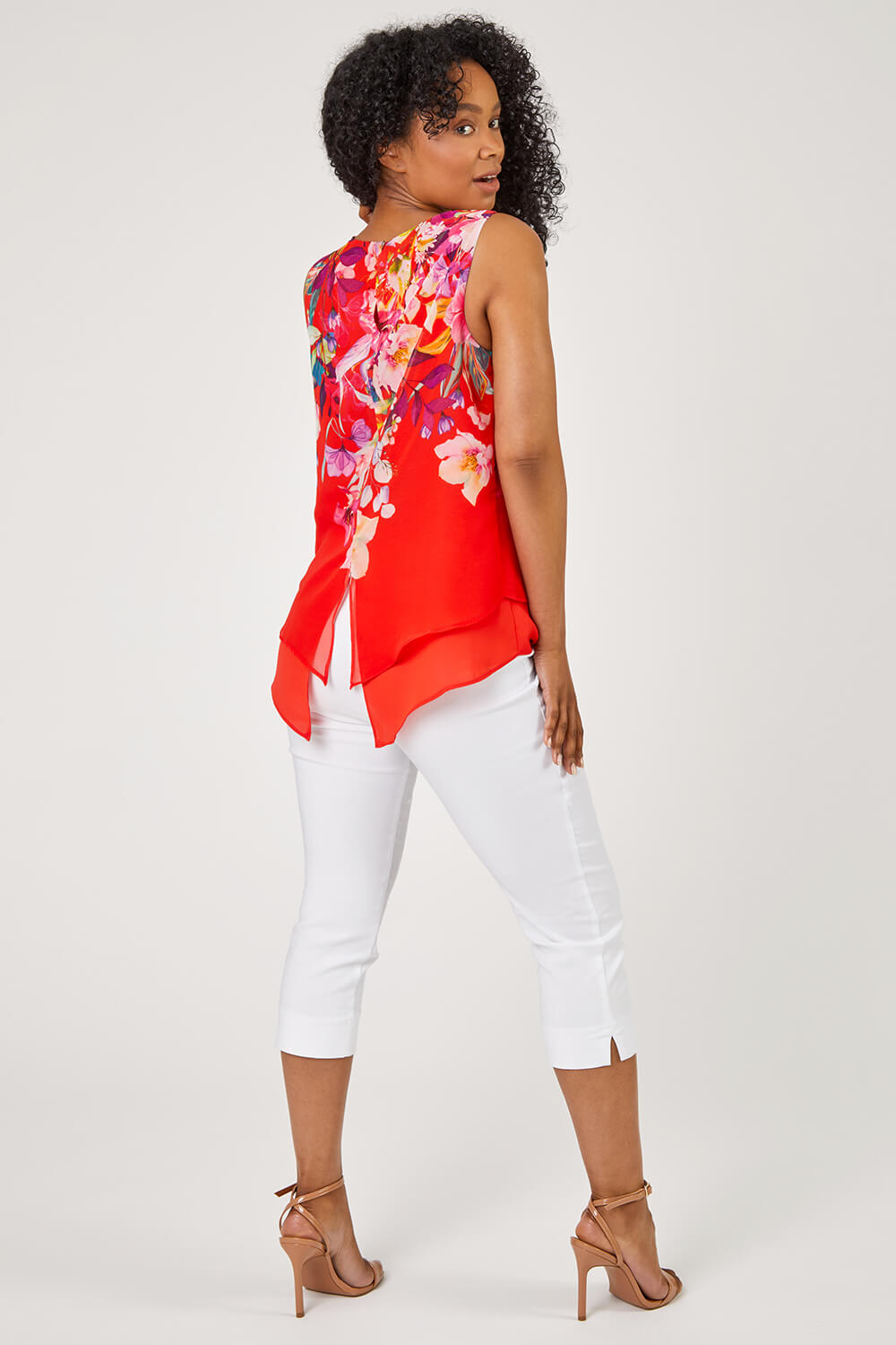 Red Petite Floral Print Chiffon Overlay Top, Image 2 of 5
