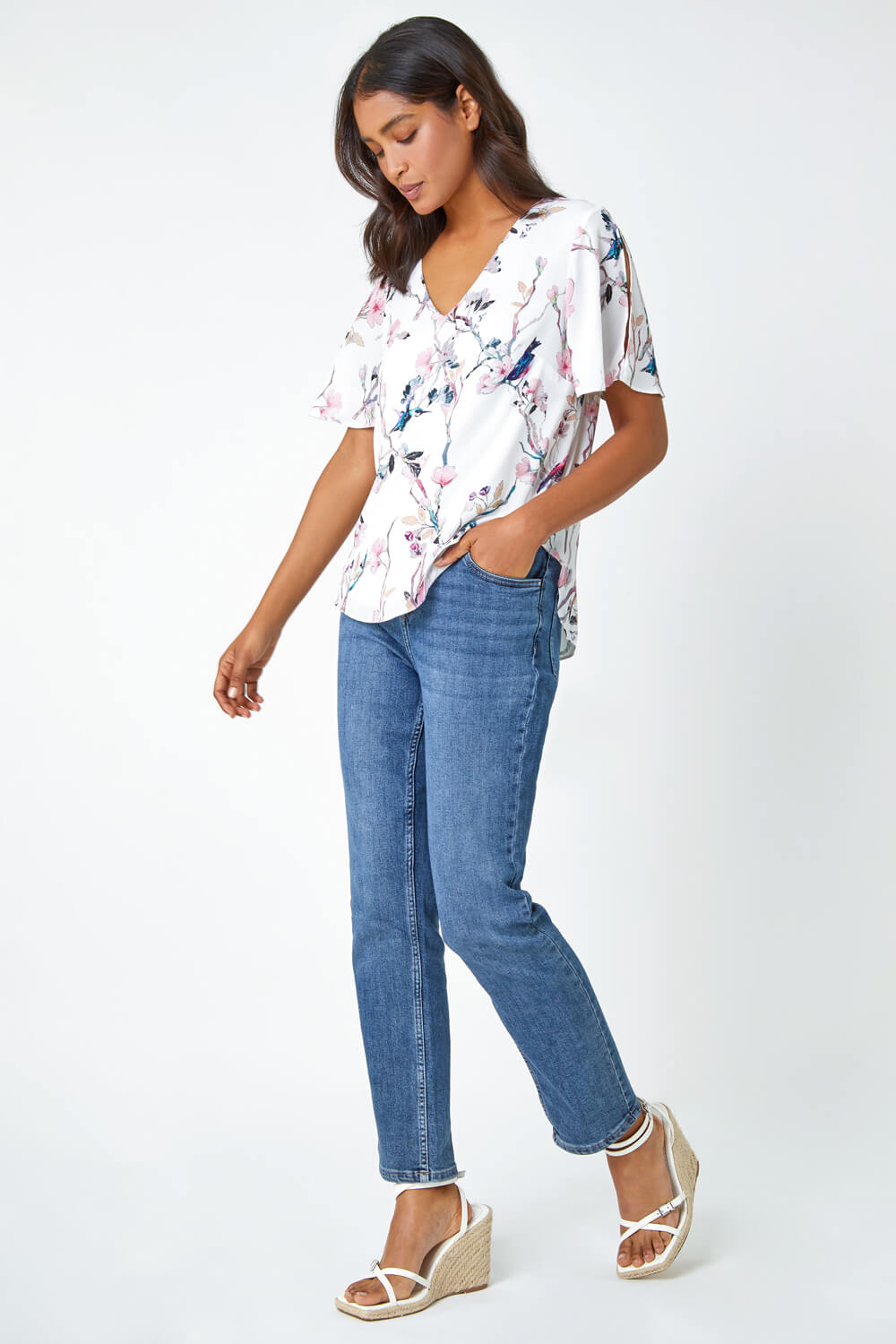 Ivory  Floral Angel Sleeve Top, Image 2 of 6