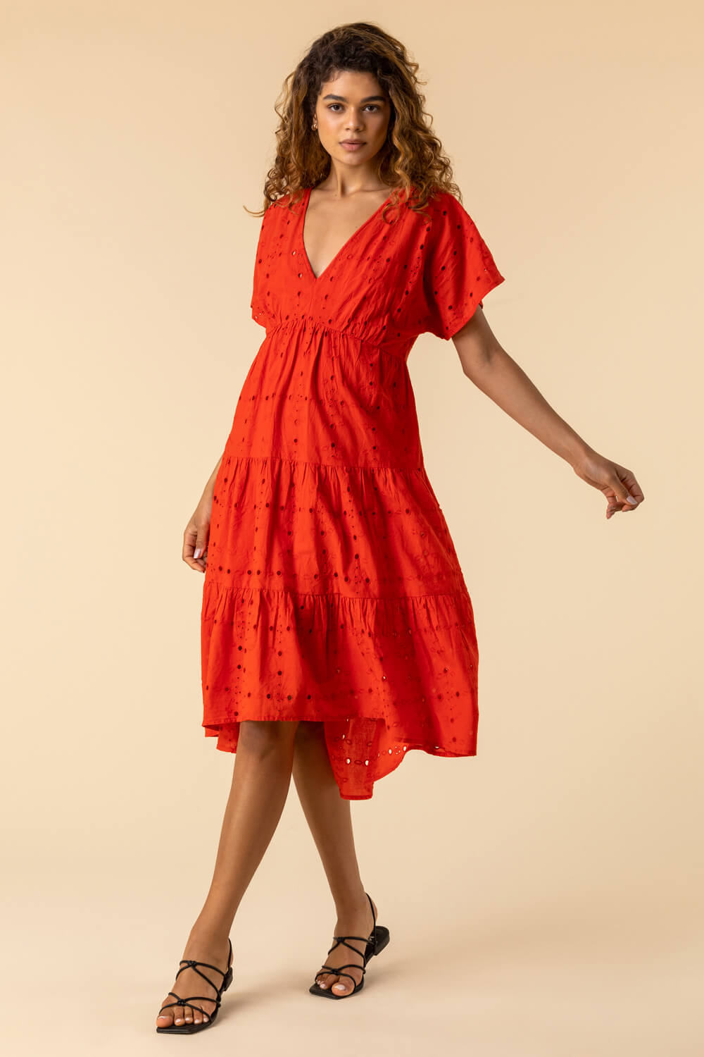 Red Broderie Tiered Smock Dress, Image 3 of 5