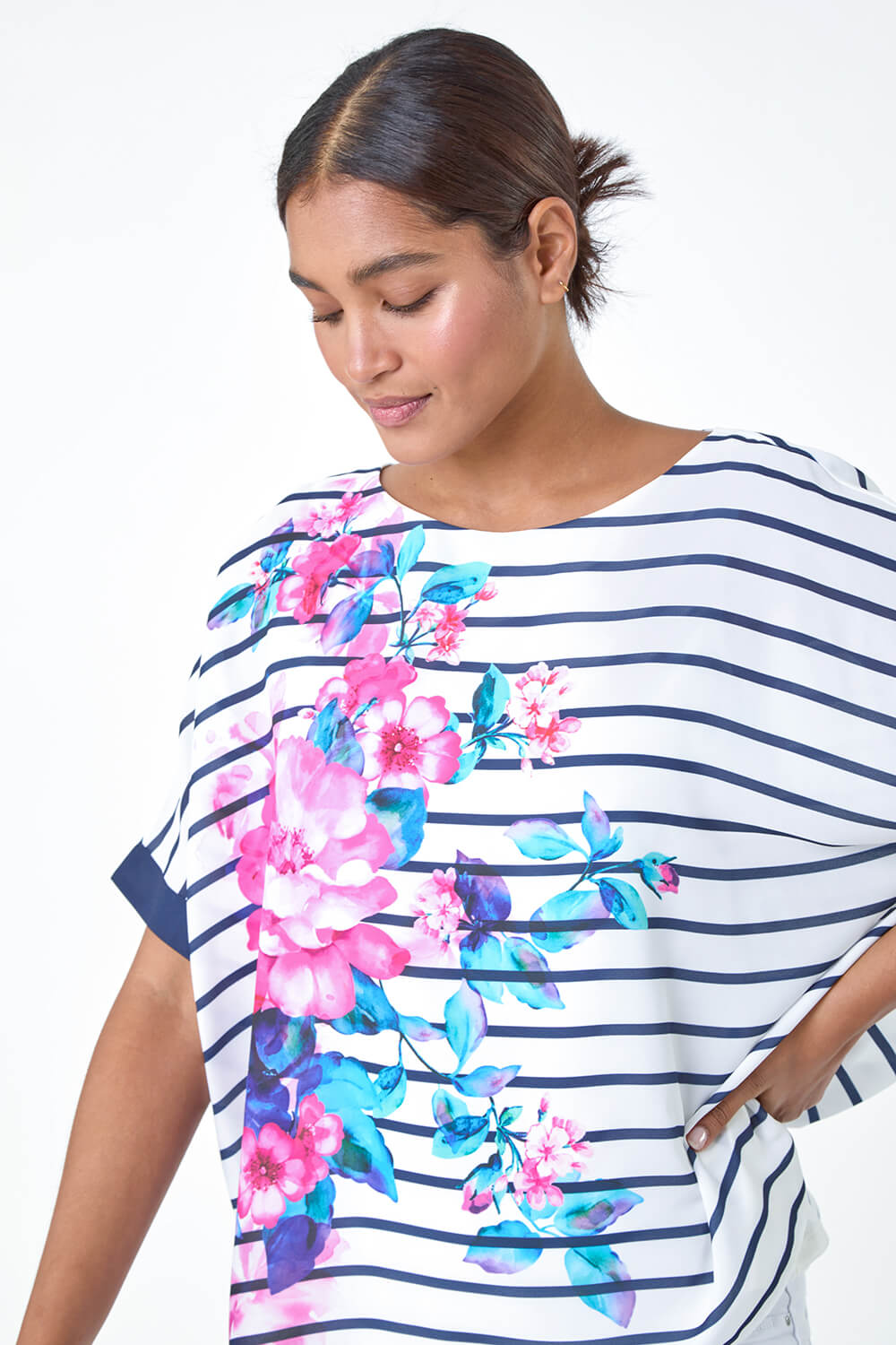 Navy  Floral Stripe Print Woven Top, Image 4 of 5