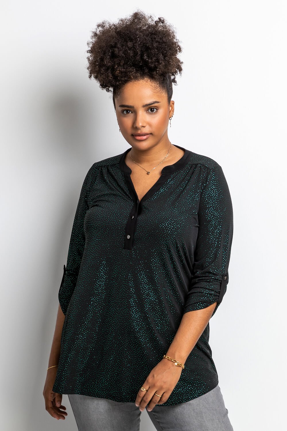 Green Curve Glitter Button Top, Image 1 of 5