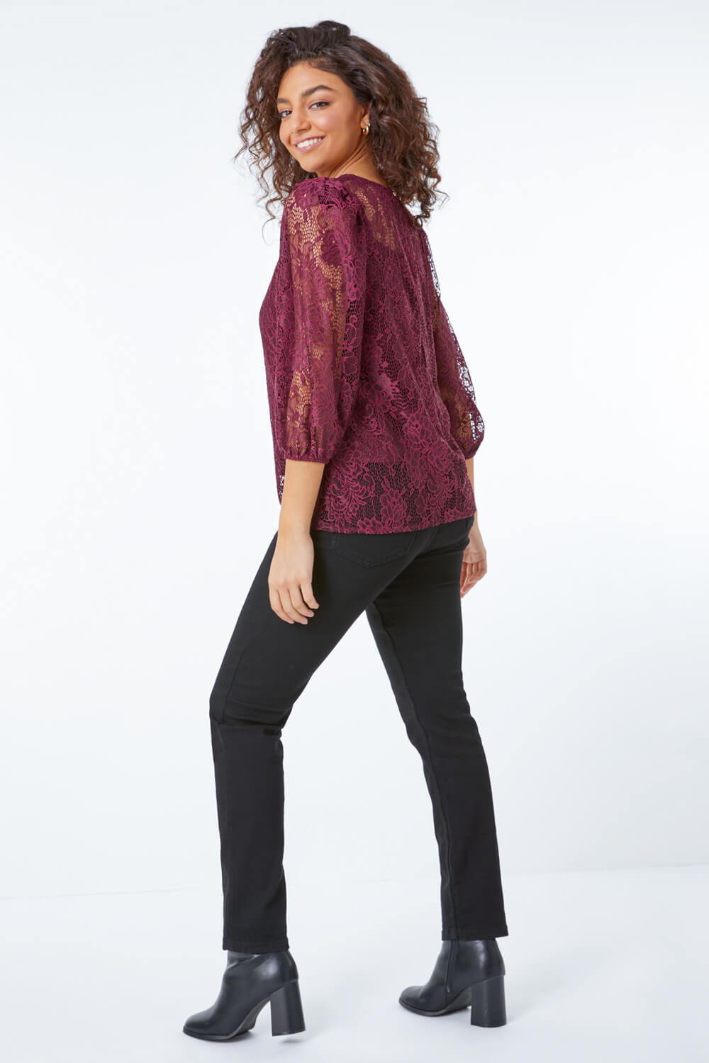 Wine Petite Puff Sleeve Lace Top, Image 3 of 5