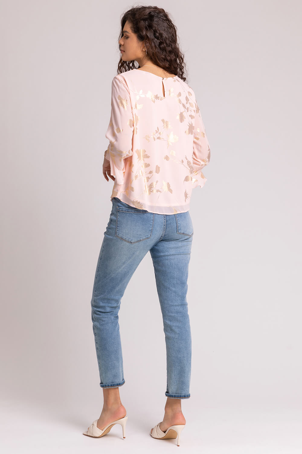 PINK Floral Foil Chiffon Flared Sleeve Top, Image 2 of 4