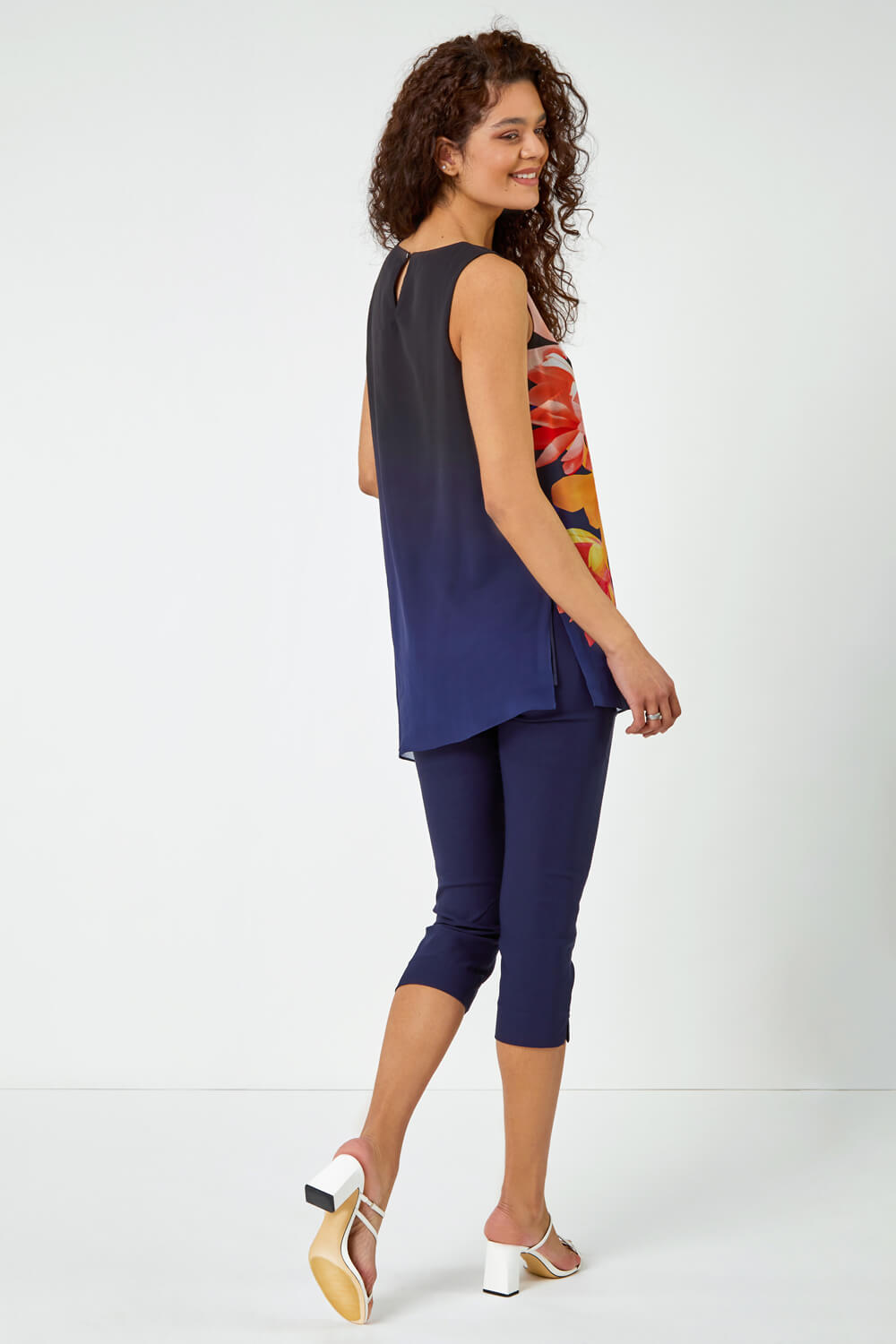 Navy  Floral Print Asymmetric Top, Image 3 of 5