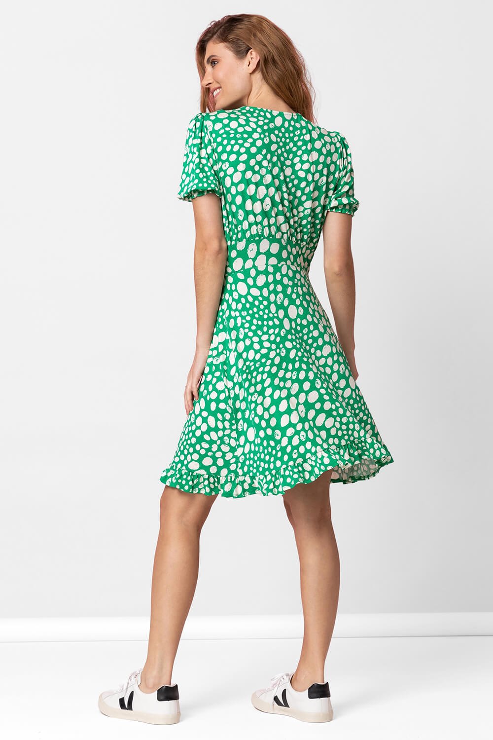 Green Ditsy Spot Frill Detail Tea Dress, Image 3 of 5