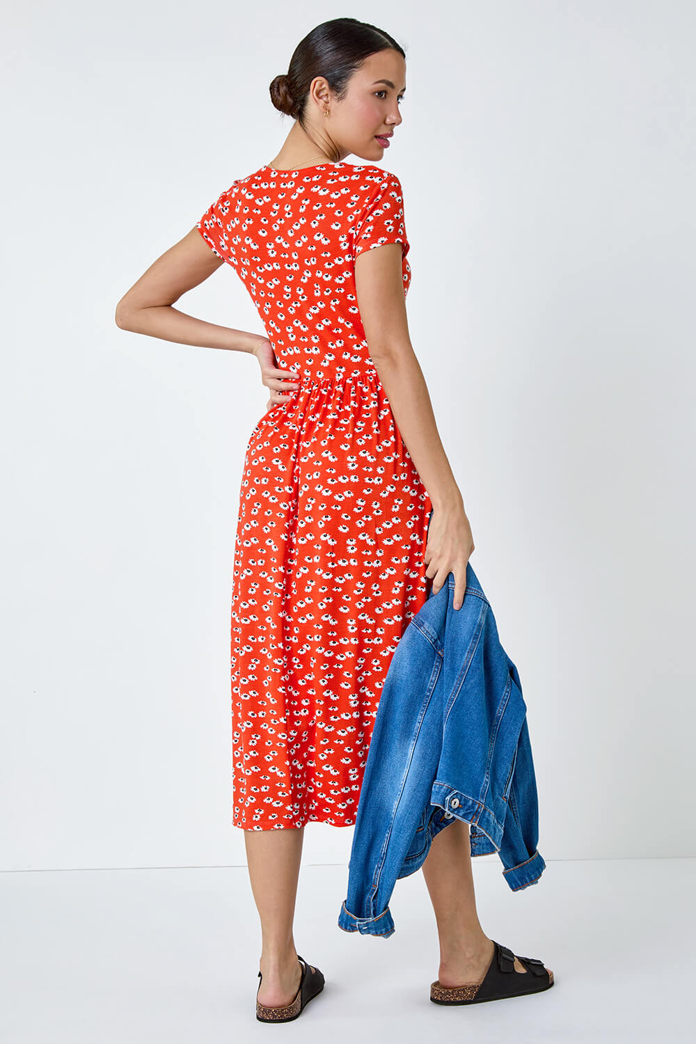 Red Ditsy Print Ruched Midi Dress, Image 3 of 5