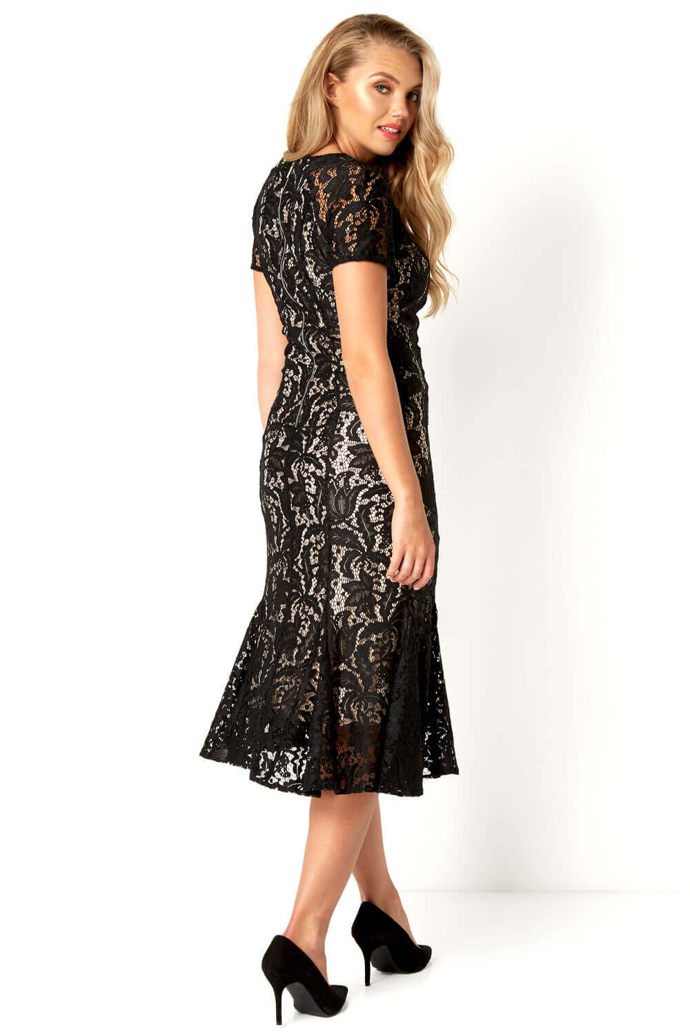 Black Flute Hem Lace Midi Dress, Image 2 of 3