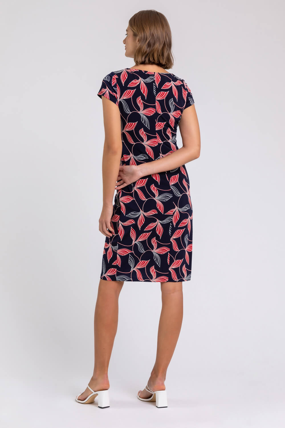 Navy  Floral Print Stretch Ruched Dress, Image 2 of 4