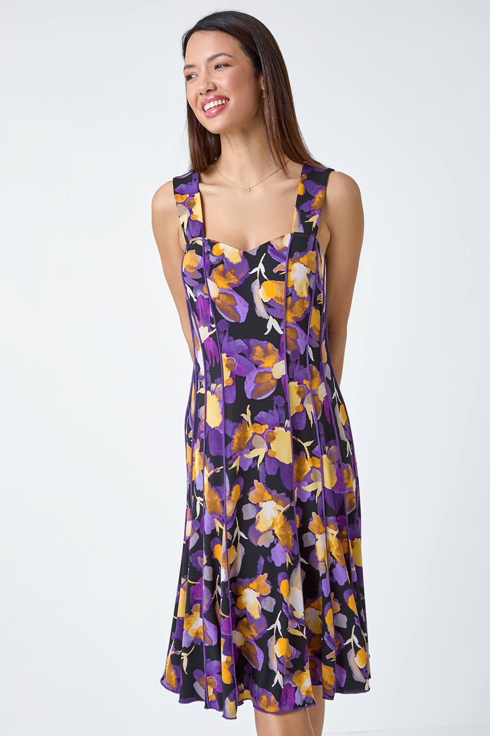 Purple Abstract Floral Print Stretch Panel Dress, Image 2 of 5