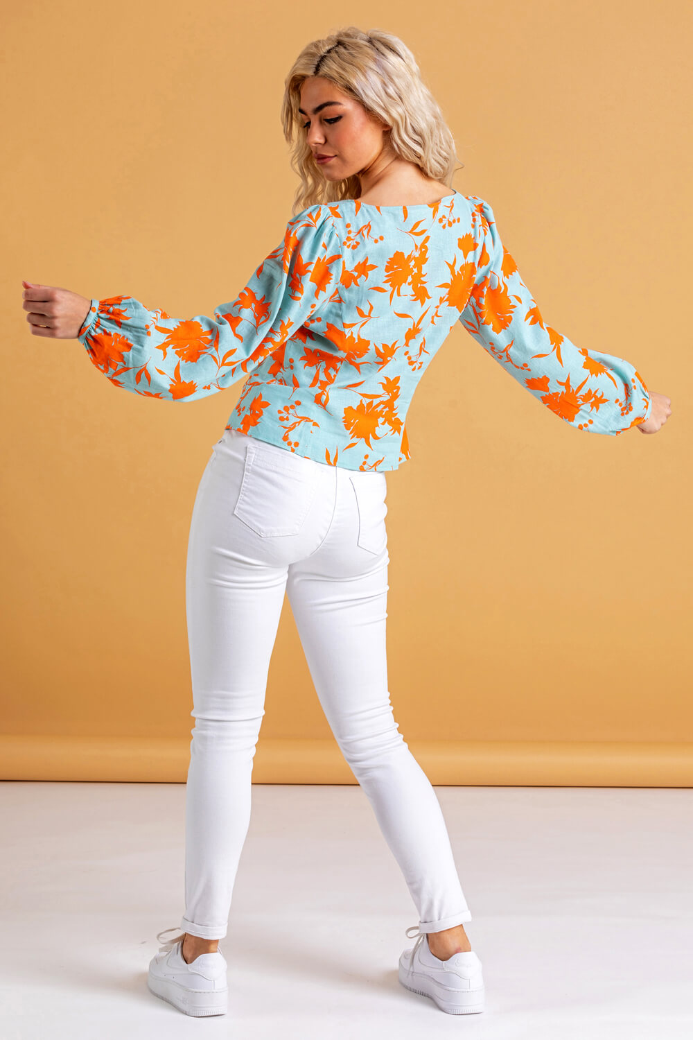 ORANGE Button Though Floral Print Blouse, Image 3 of 4