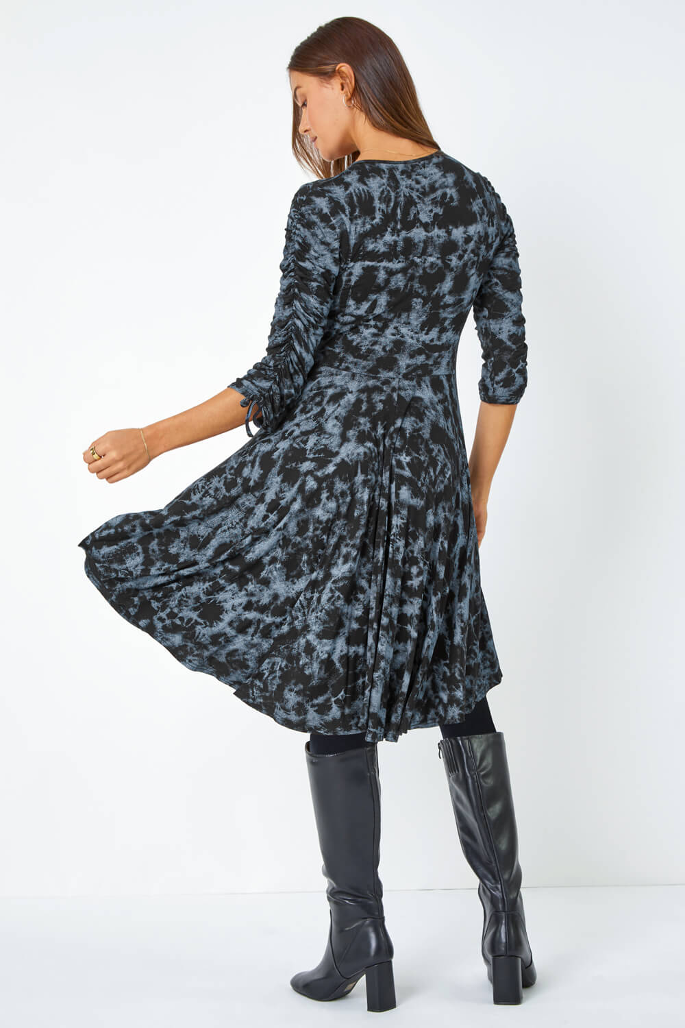Steel Blue Abstract Print Ruched Stretch Dress, Image 3 of 5