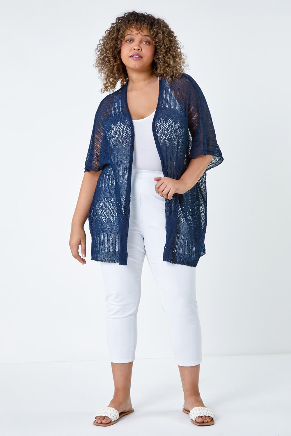 Navy  Curve Pointelle Knit Stretch Cardigan, Image 2 of 5