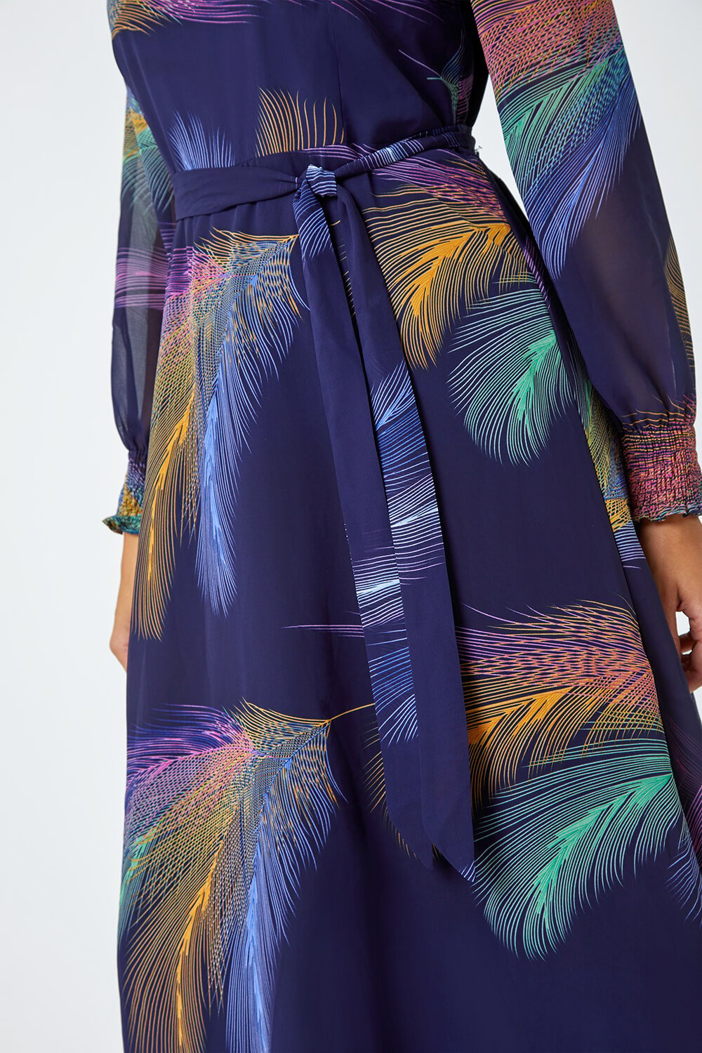 Purple Feather Print Belted Midi Dress, Image 5 of 5