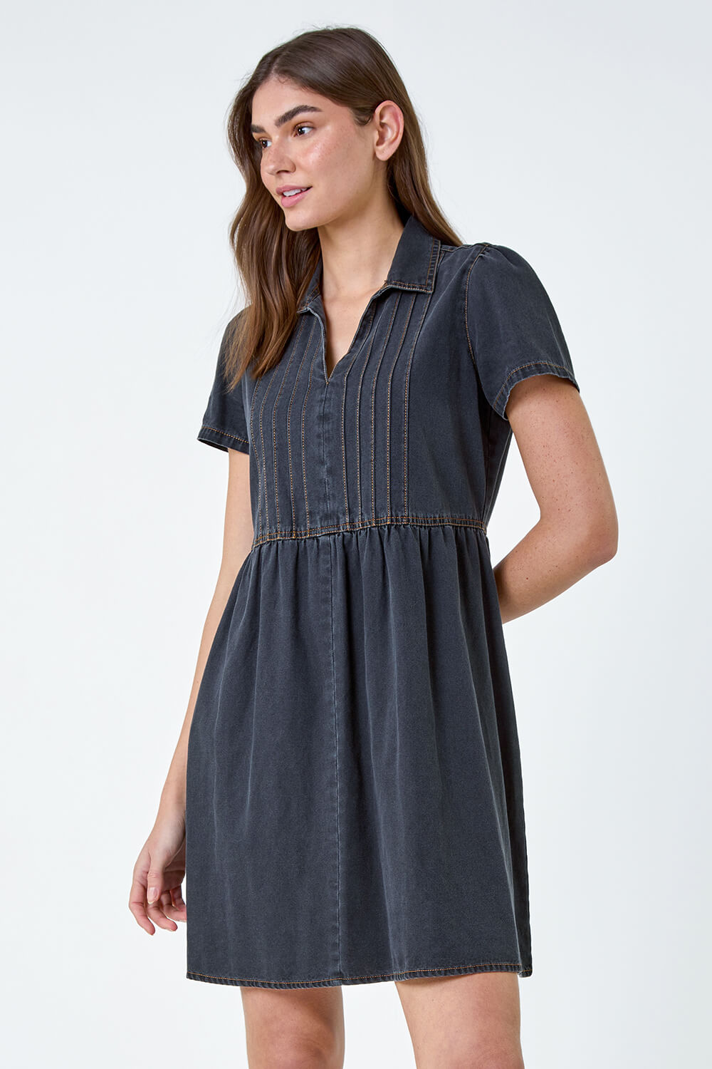Black Cotton Denim Collared Dress, Image 2 of 5
