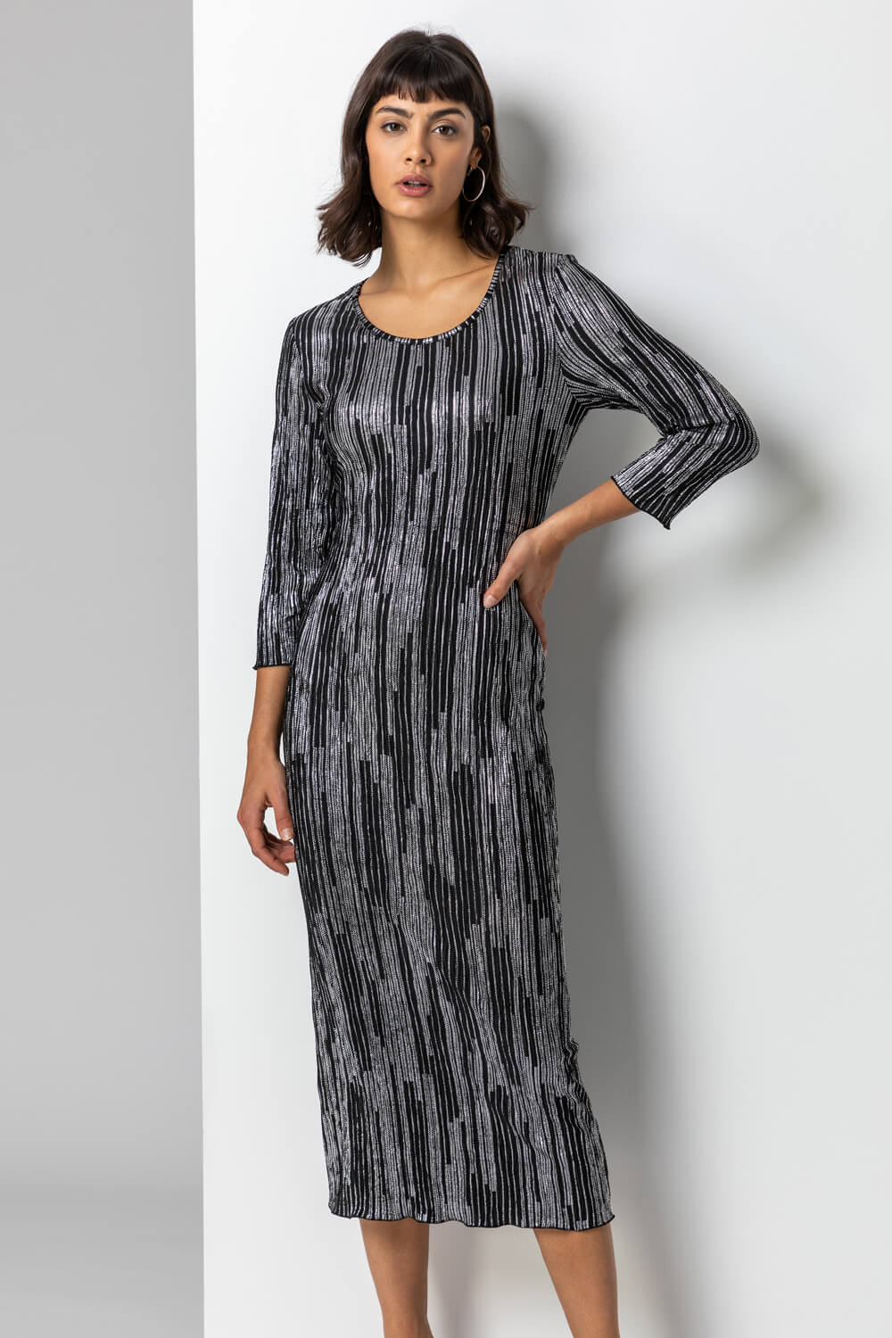 Silver Foil Stripe Print Plisse Midi Dress, Image 1 of 5
