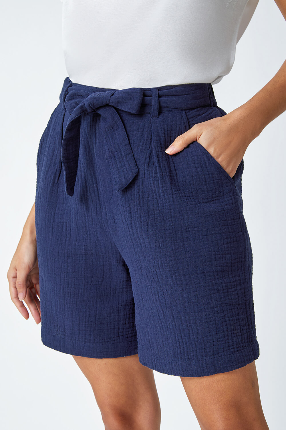 Navy  Textured Tie Waist Cotton Shorts, Image 5 of 5