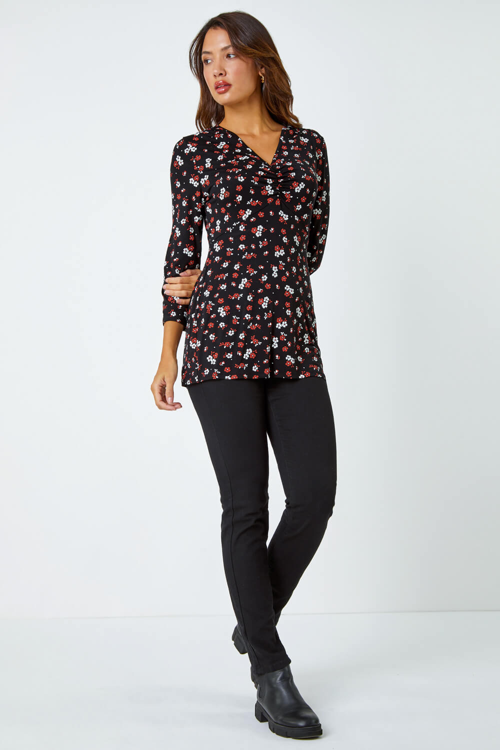 Rust Floral Print Ruched Stretch Top, Image 2 of 5