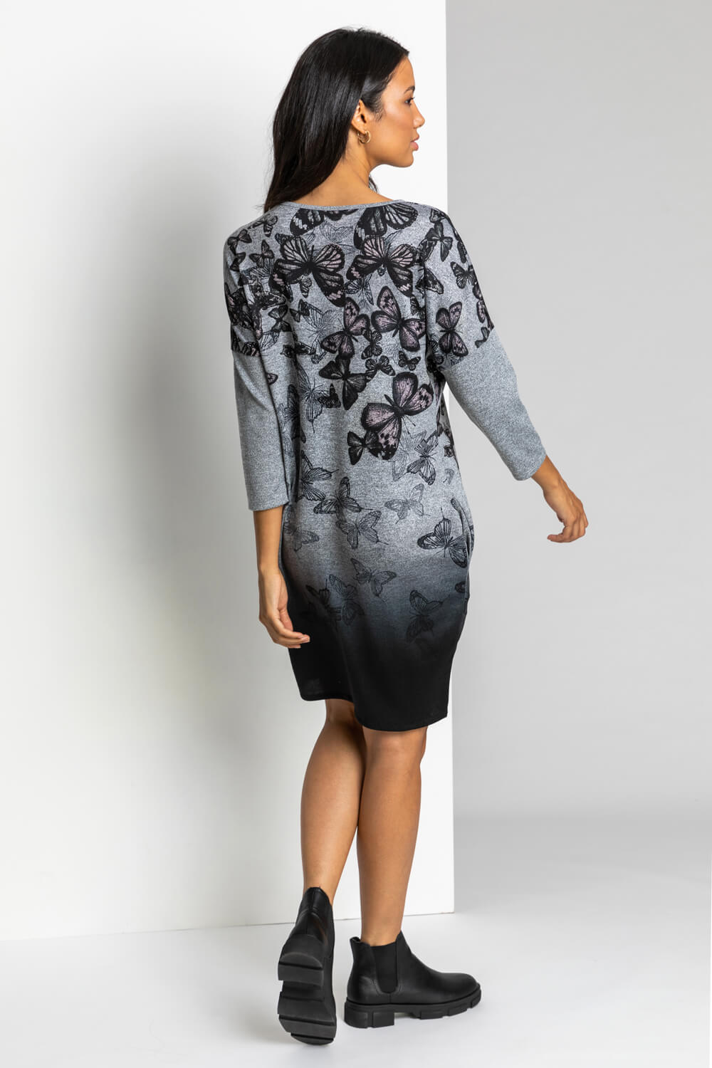 Black Butterfly Print Embellished Slouch Dress, Image 2 of 4