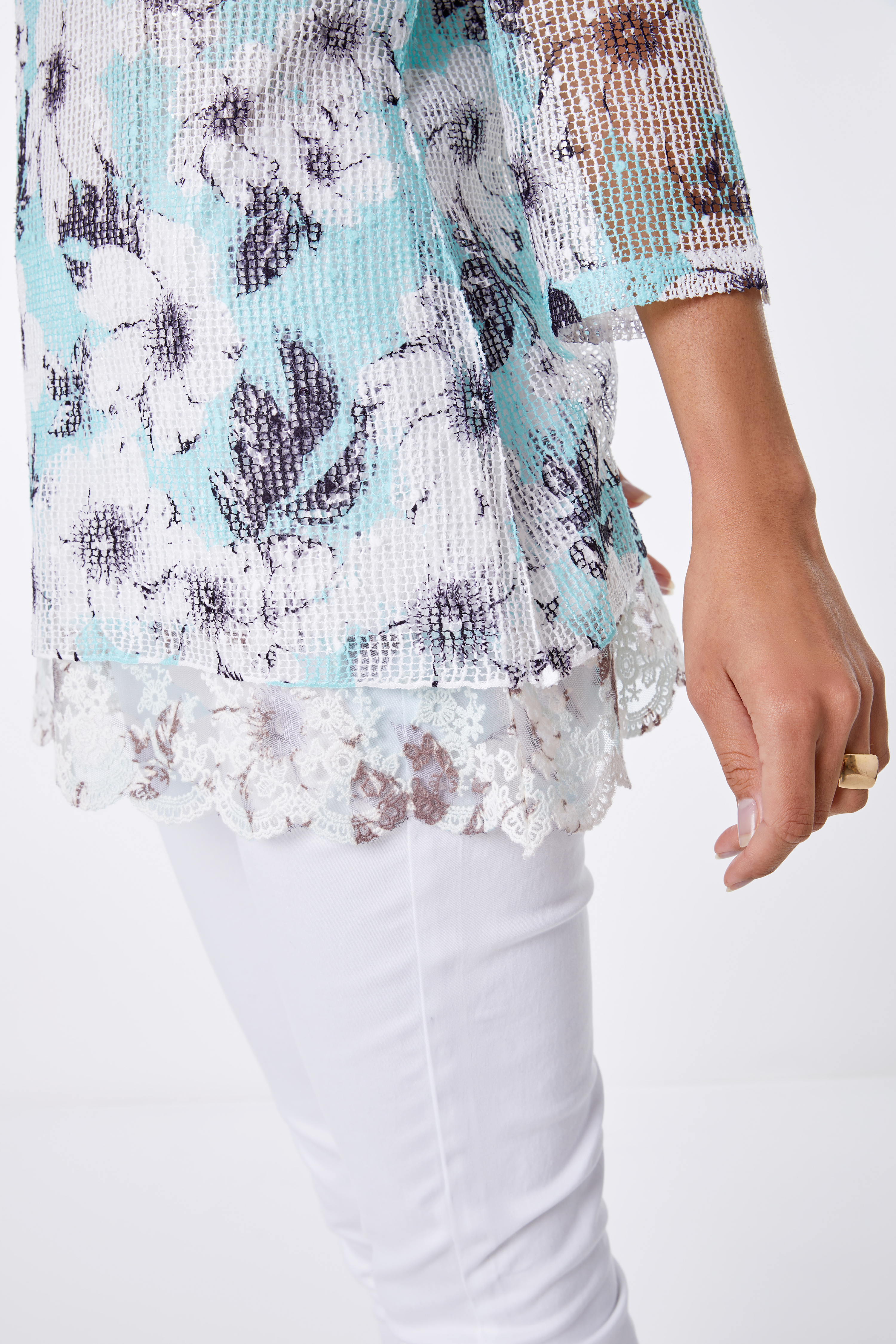 Mint Lace Trim Overlay Floral Print Top, Image 5 of 5