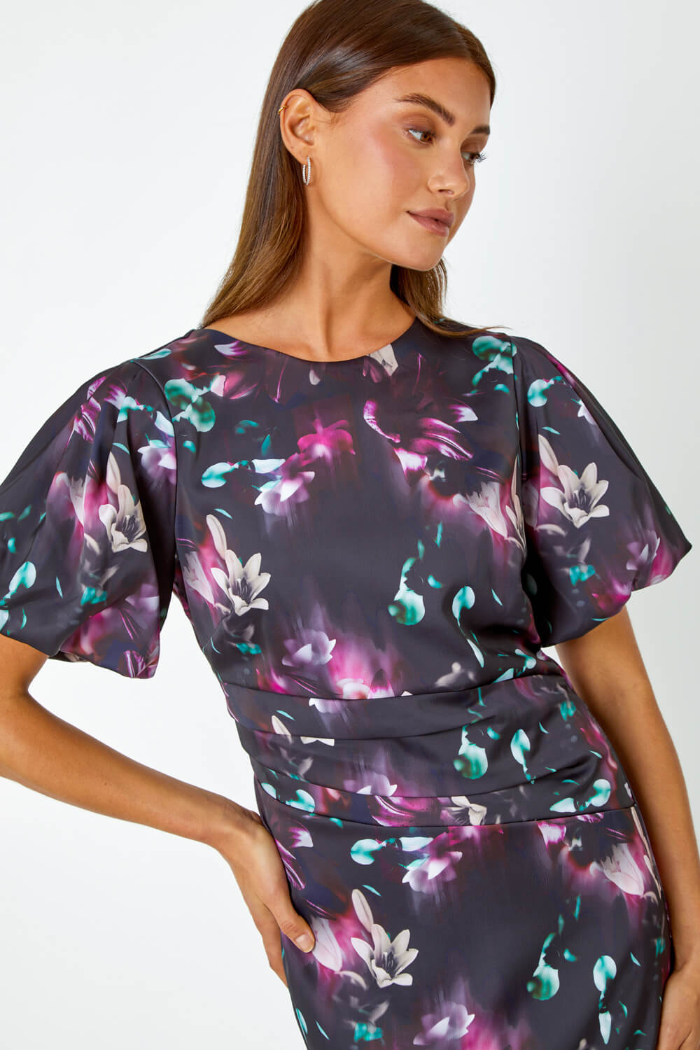 Black Floral Puff Sleeve Ruched Stretch Dress, Image 4 of 5
