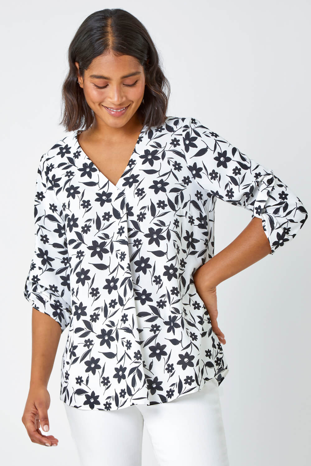 Floral Print Pleat Front Tunic Top