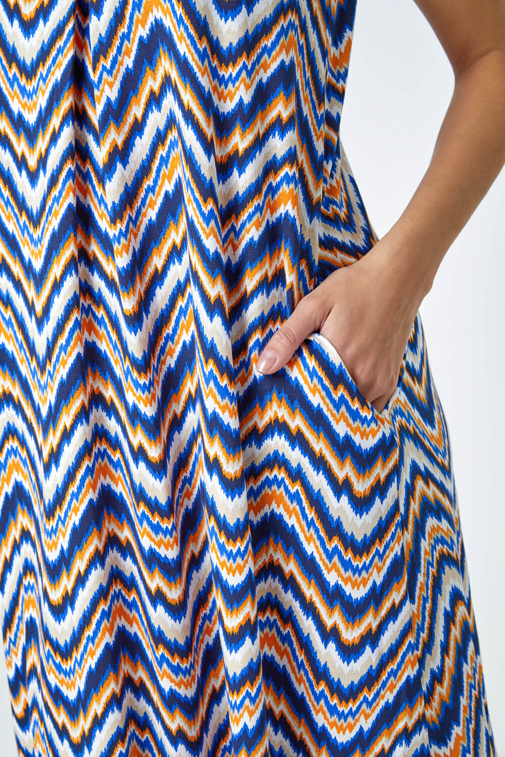 Royal Blue Sleeveless Zig-Zag Print Midi Stretch Dress , Image 5 of 5