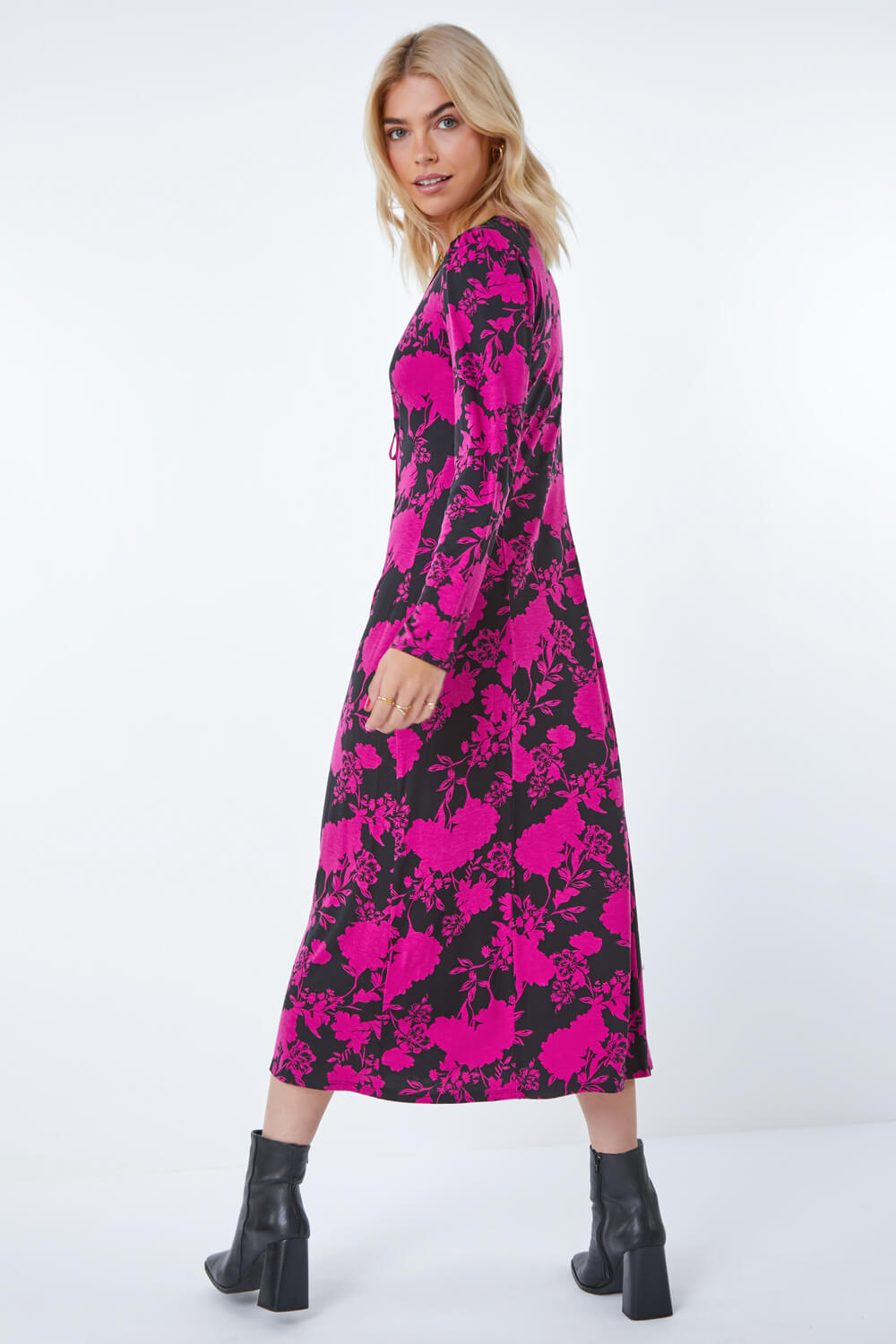 Fushcia Floral Print Lace Trim Midi Dress, Image 3 of 5