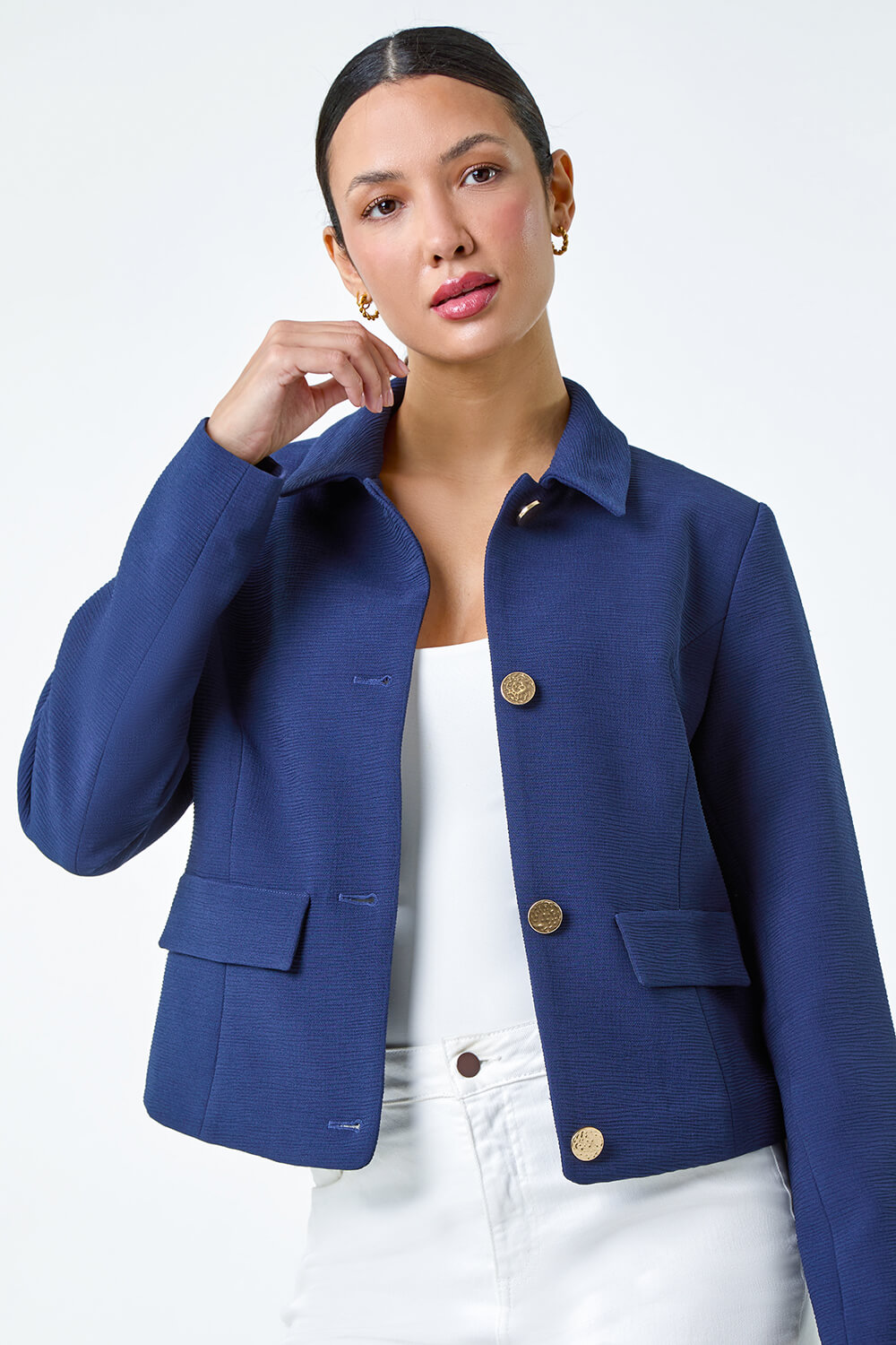 Navy  Textured Button Detail Jacket, Image 4 of 5