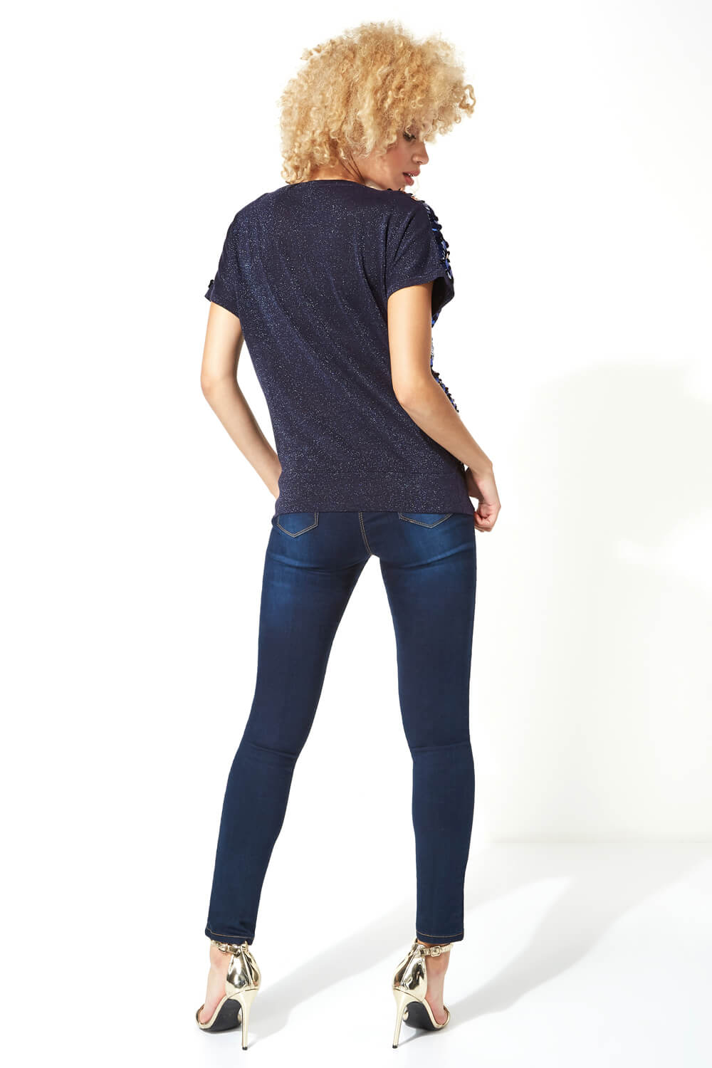 Midnight Blue Sequin Front Knit Blouson Top, Image 3 of 5