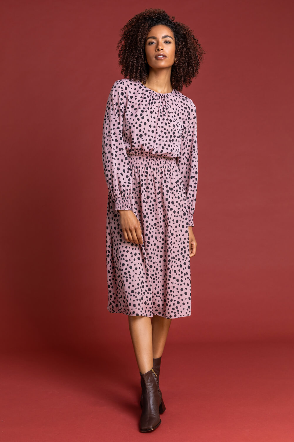 PINK Spot Print Shirred Waist Midi Dress, Image 3 of 5