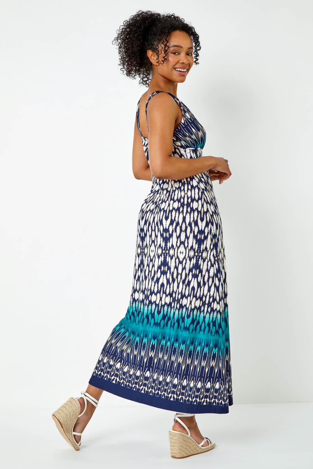 Teal Petite Sleeveless Aztec Maxi Stretch Dress, Image 3 of 5