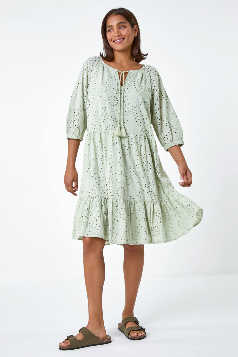 Sage Cotton Broderie Tiered Smock Dress, Image 2 of 5