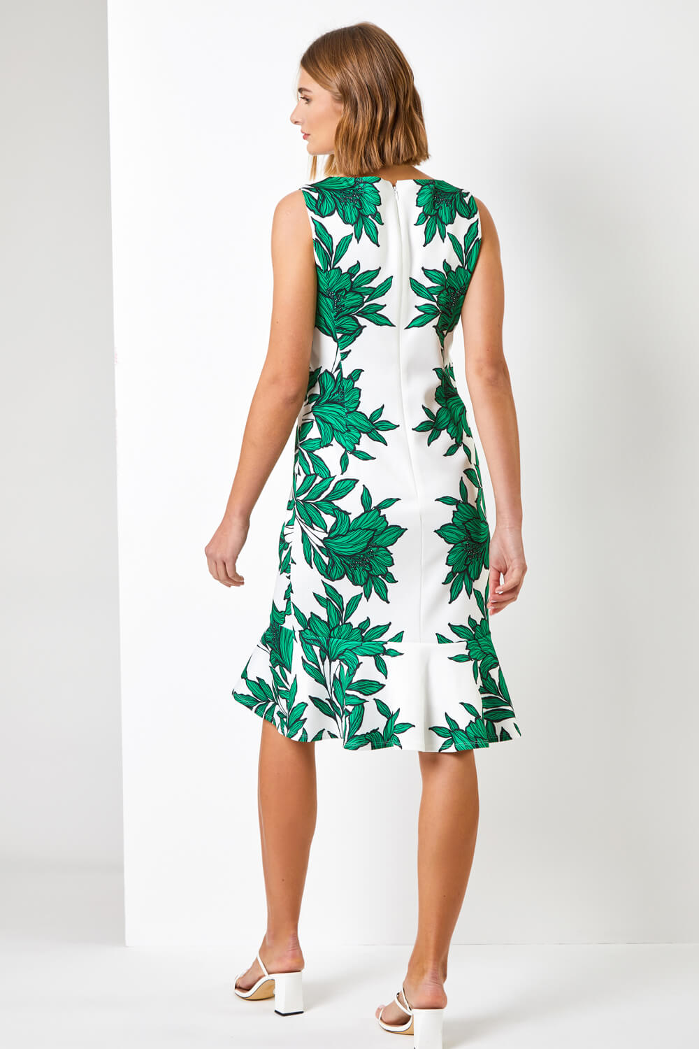 Green Floral Border Print Frill Stretch Dress, Image 2 of 4