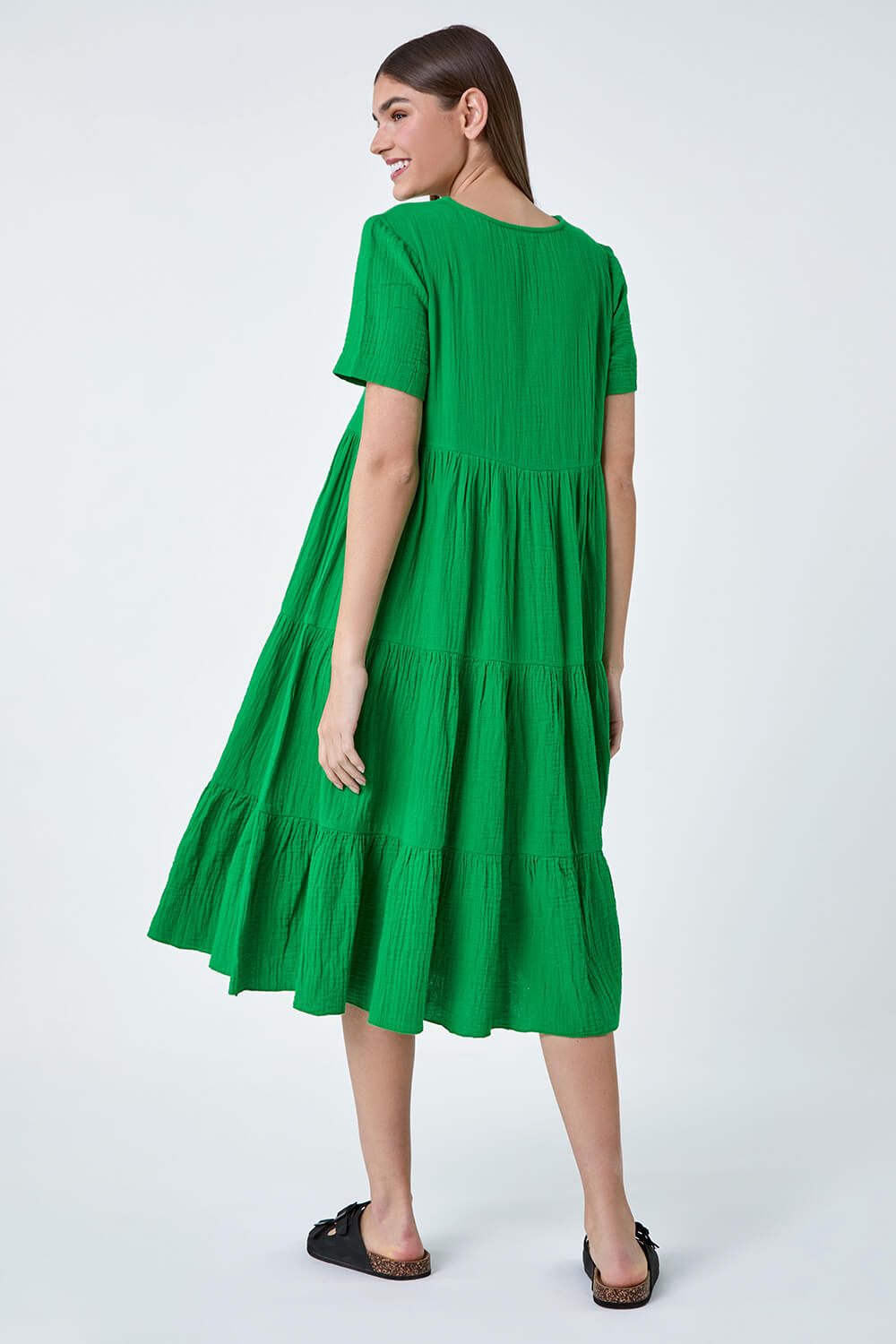 Green Cotton Textured Tiered Midi Dress, Image 3 of 5