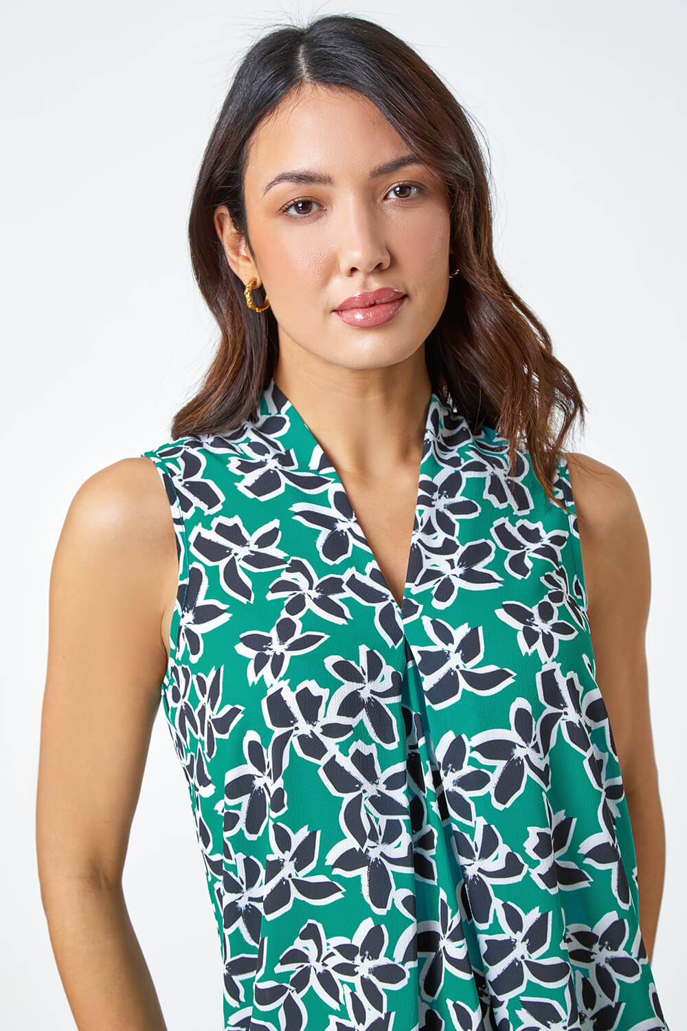Green Sleeveless Floral Print Stretch Top, Image 4 of 5