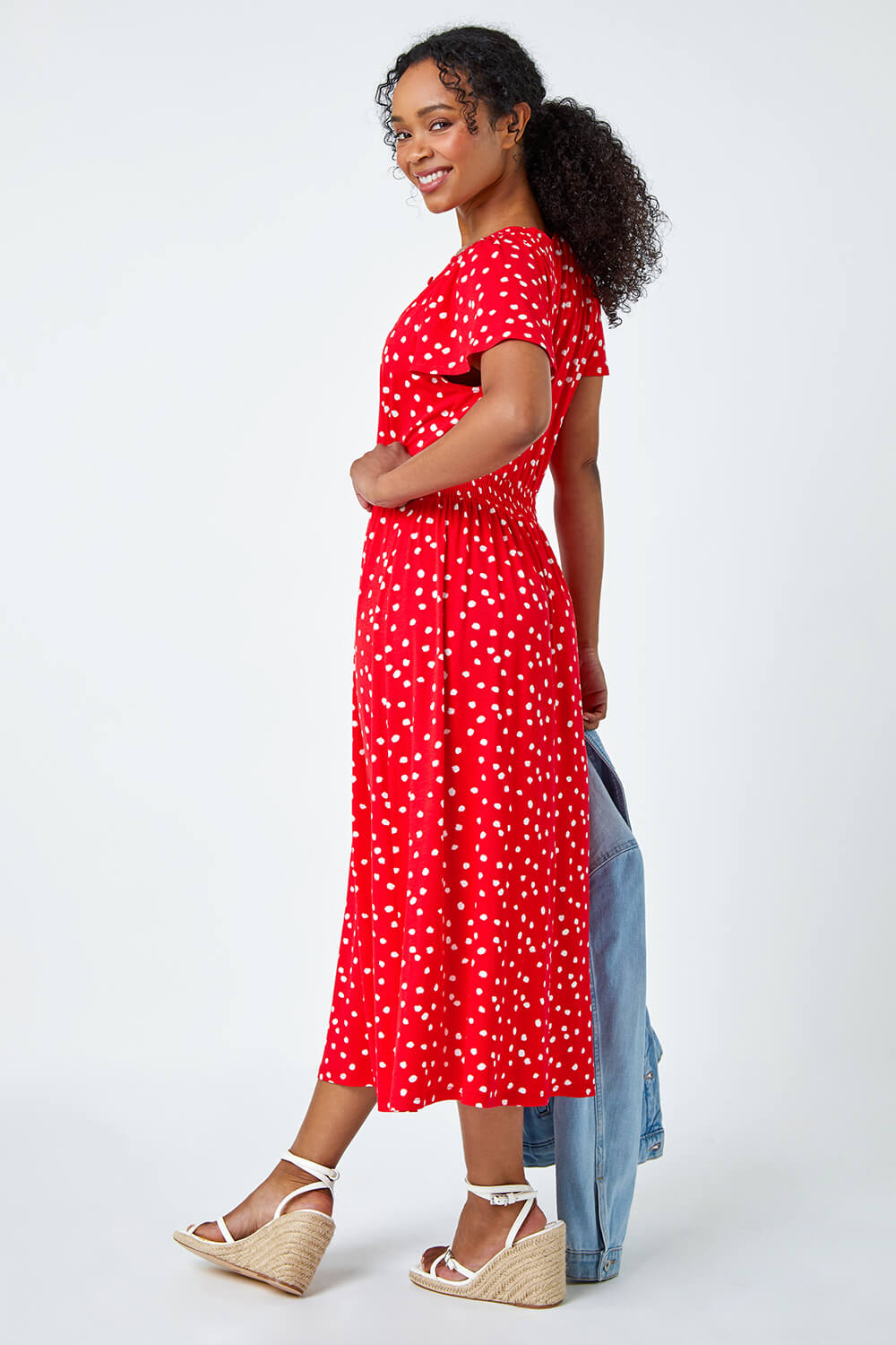 Red Petite Polka Dot Button Stretch Midi Dress, Image 3 of 5