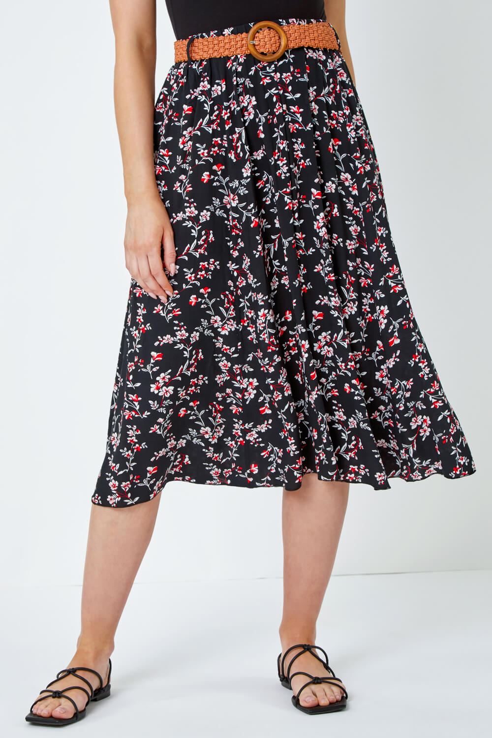 Black Floral Print Belted Midi Skirt | Roman UK