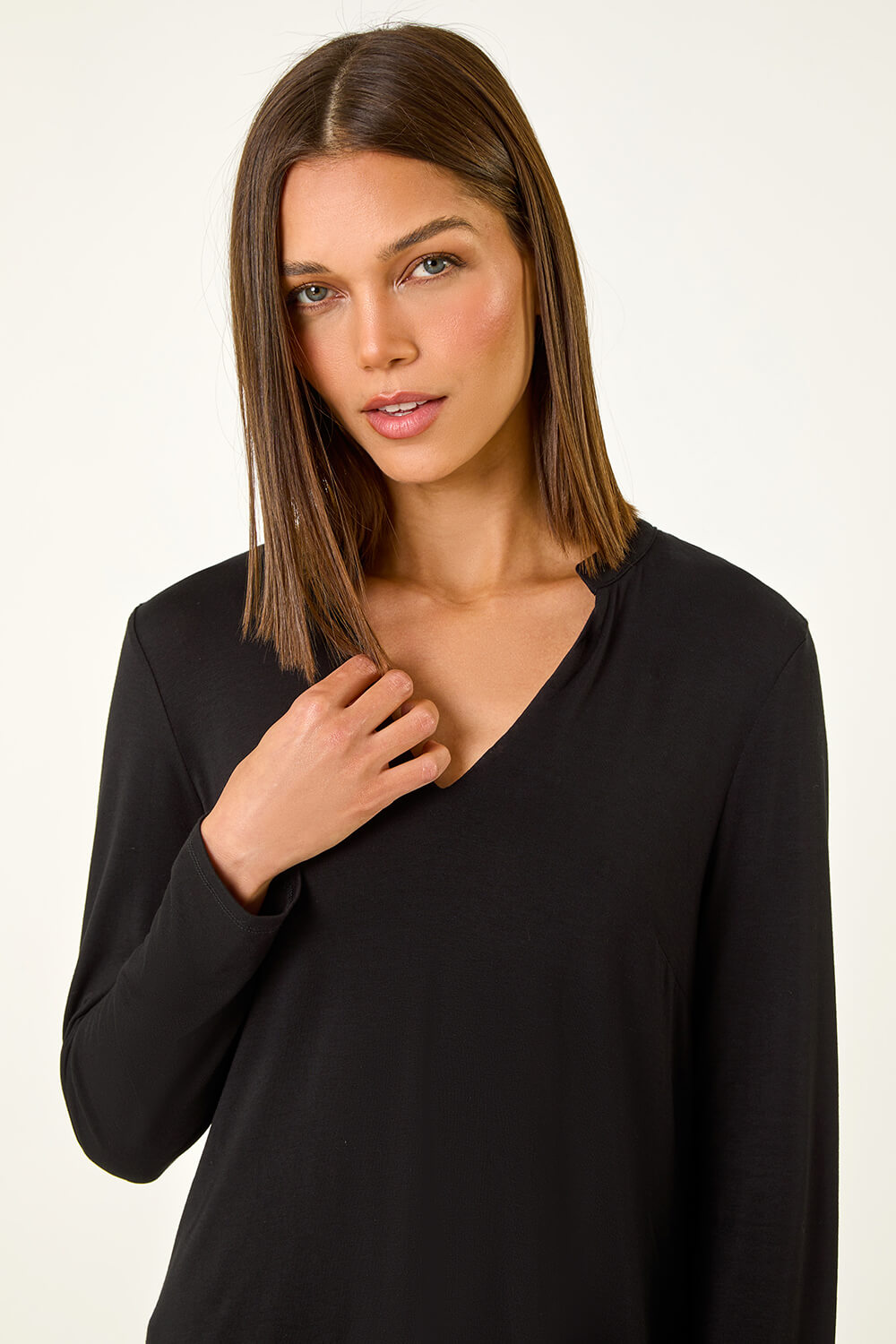 Black V-Neck Chiffon Hem Top | Roman UK