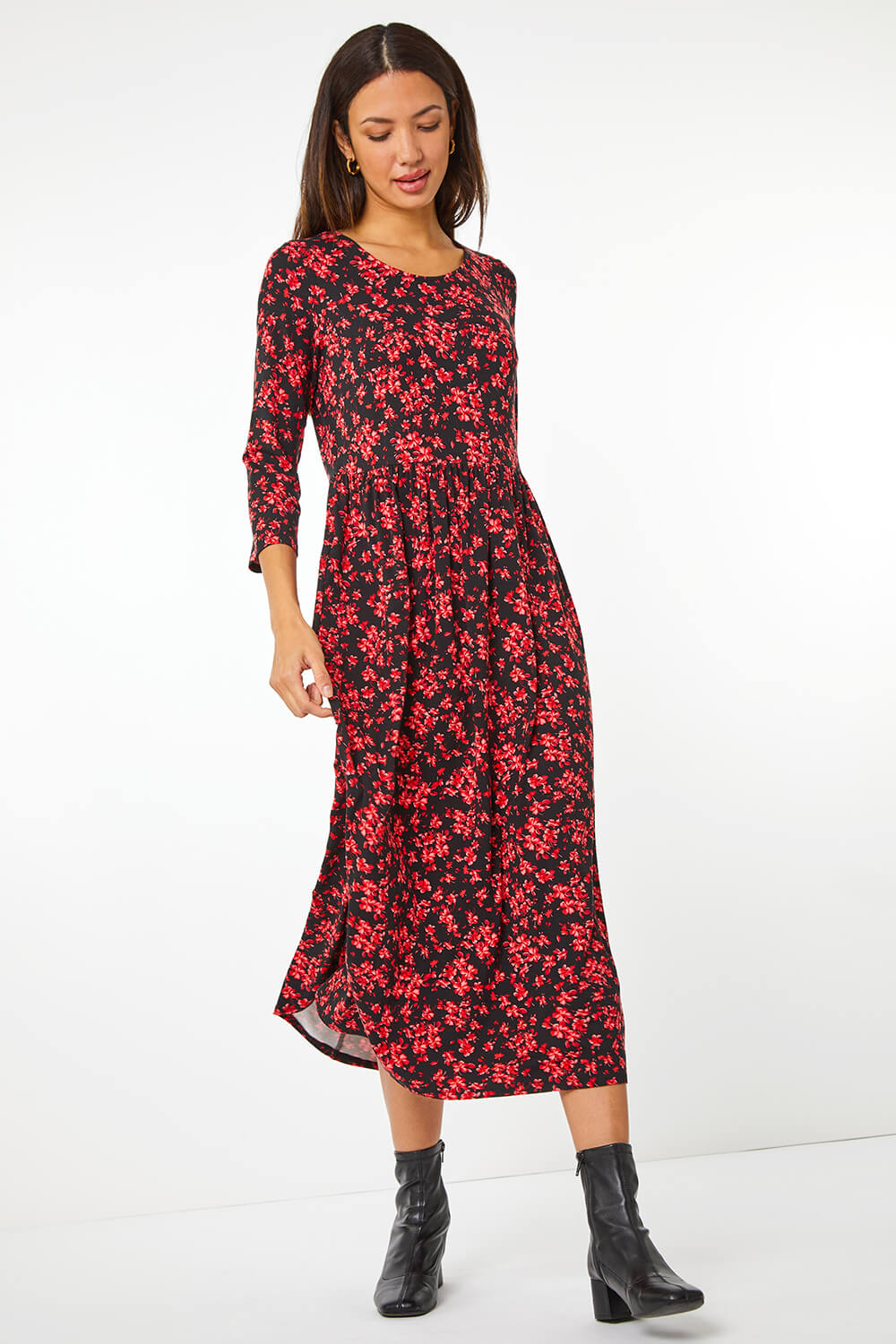 Red Ditsy Floral Stretch Midi Dress , Image 3 of 5